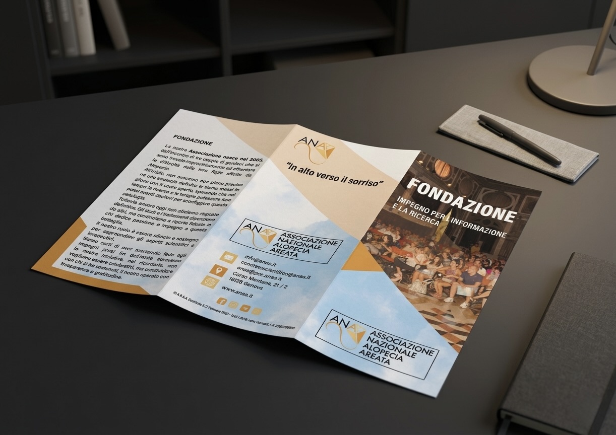 Brochure ANAA aperta su tavolo editoriale