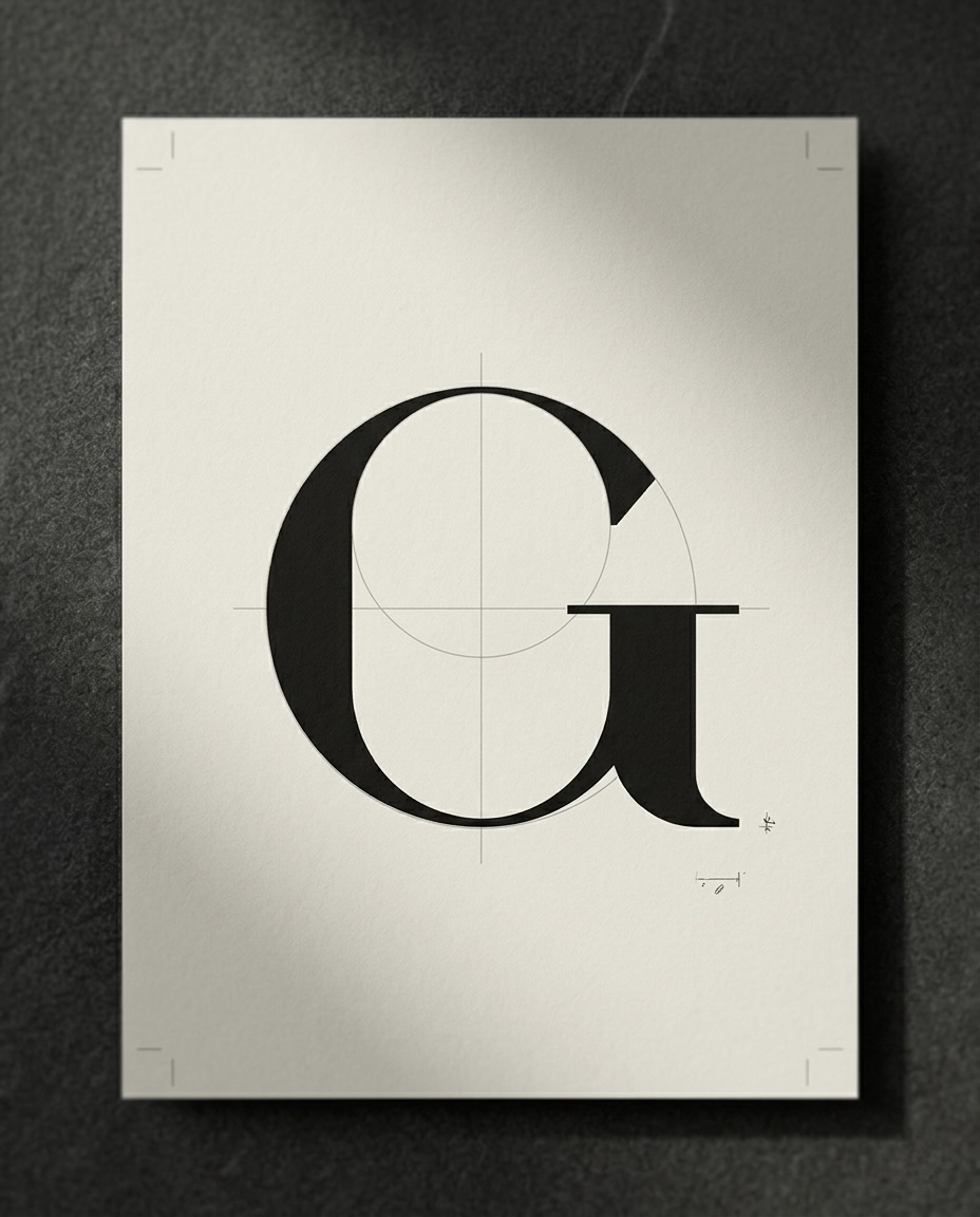 Monogramma Glamour su tavola progettuale per identità visiva